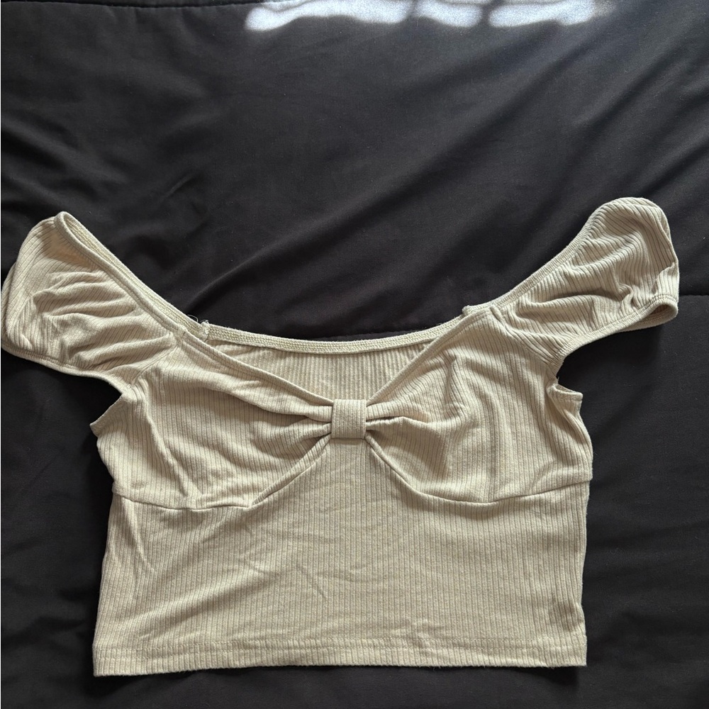 Beige Off-Shoulder Ribbed Top